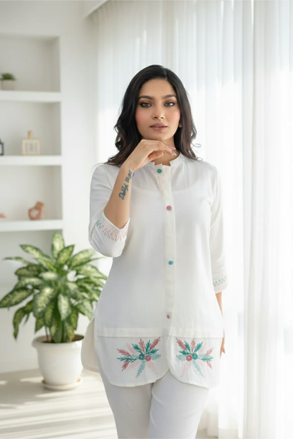 White Cotton Flex Embroidered Officewear Coord Set