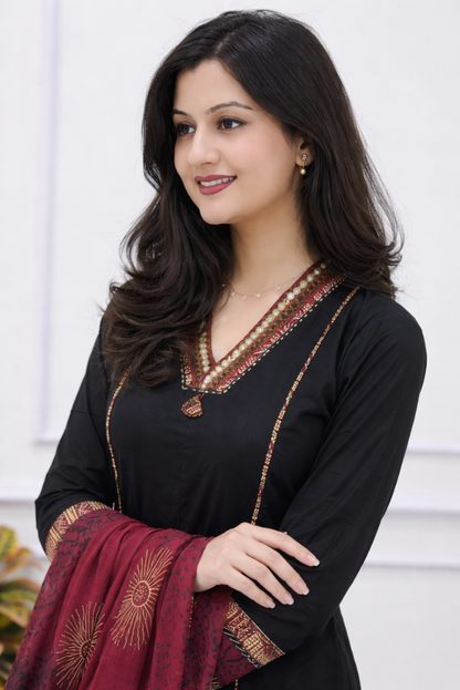 Exquisite Mandala Art Embroidered Black Flared Dress