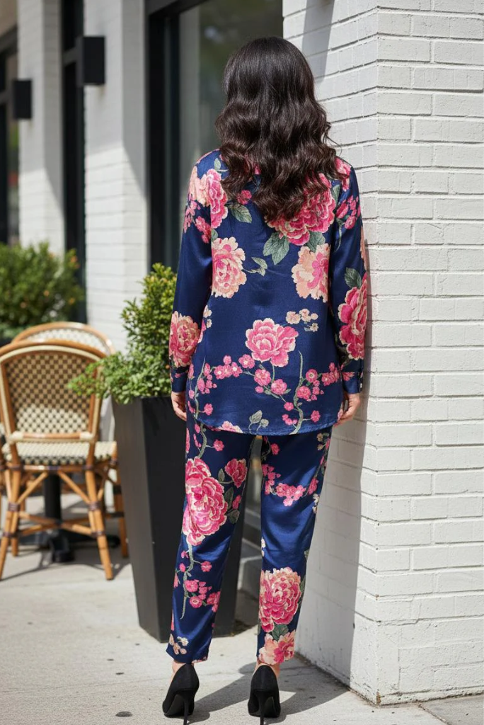 Pure Natural Crepe Floral Navy Blue Coord Set