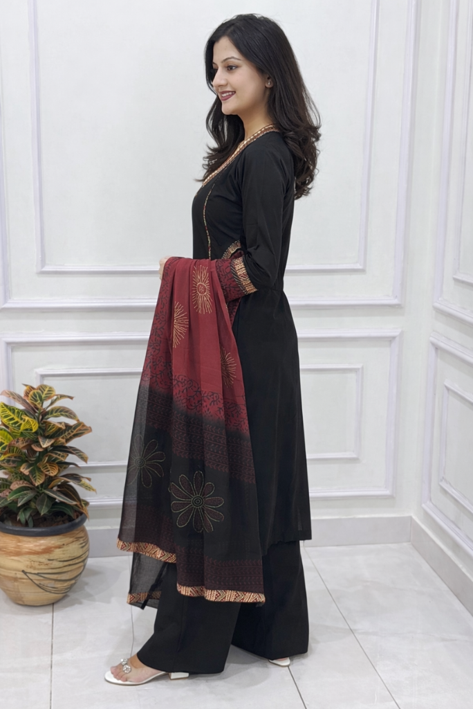 Exquisite Mandala Art Embroidered Black Flared Dress