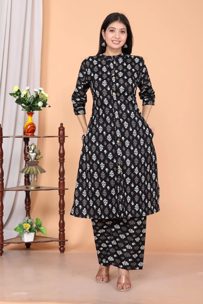 Cotton Printed Black Kurta Set