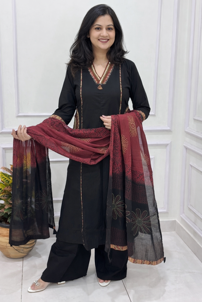 Exquisite Mandala Art Embroidered Black Flared Dress