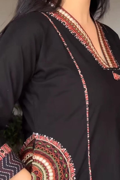 Exquisite Mandala Art Embroidered Black Flared Dress