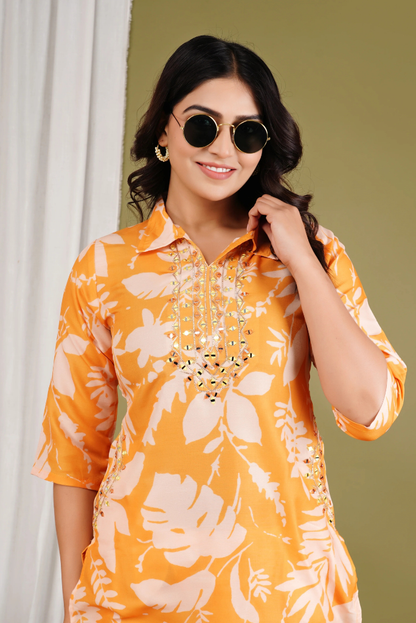 Mirror Work Crepe Yellow Coord Set