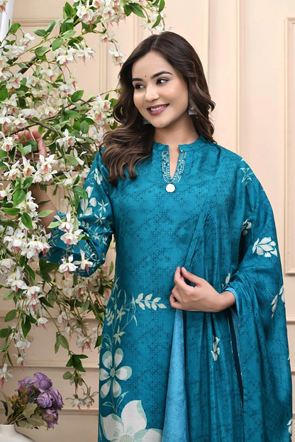 Pure Muslin Teal Designer Frilled 3 Piece Set