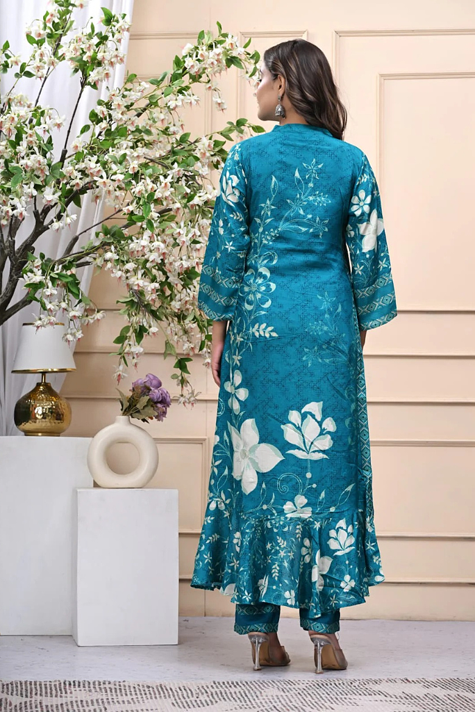 Pure Muslin Teal Designer Frilled 3 Piece Set