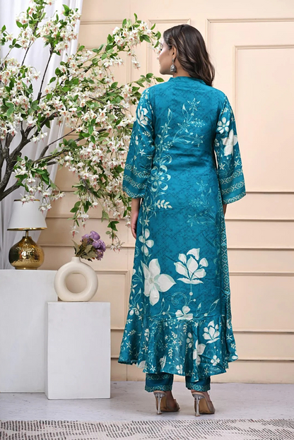 Pure Muslin Teal Designer Frilled 3 Piece Set