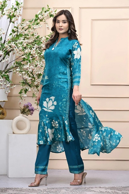 Pure Muslin Teal Designer Frilled 3 Piece Set