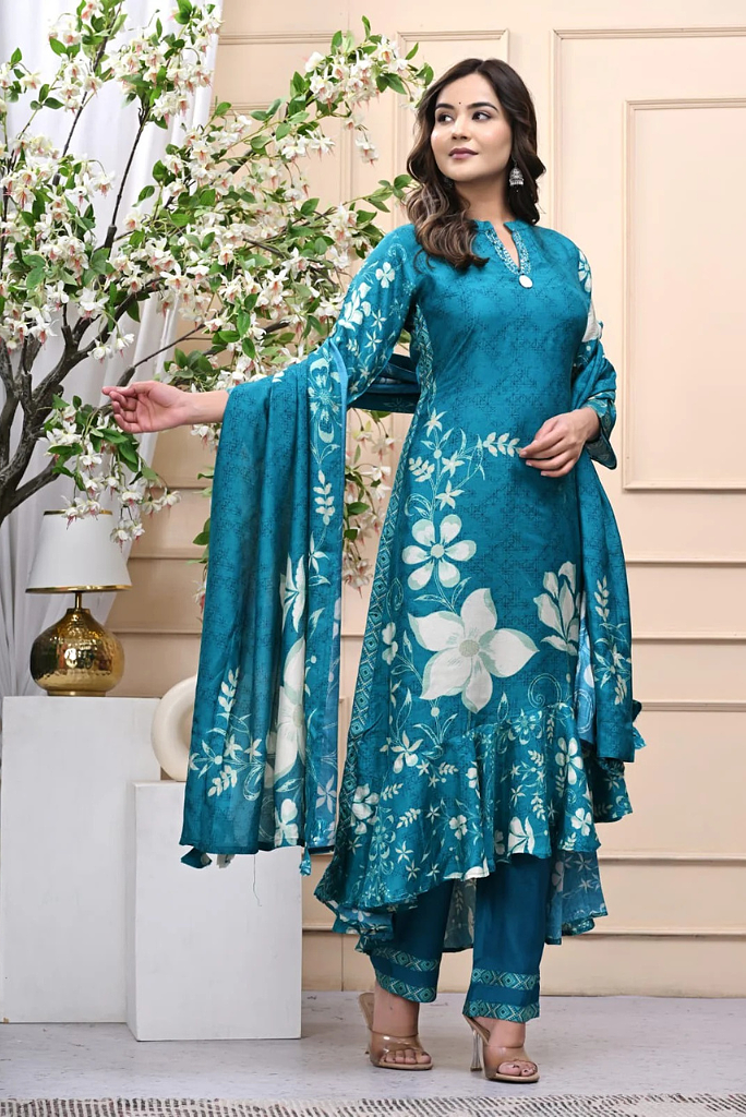 Pure Muslin Teal Designer Frilled 3 Piece Set