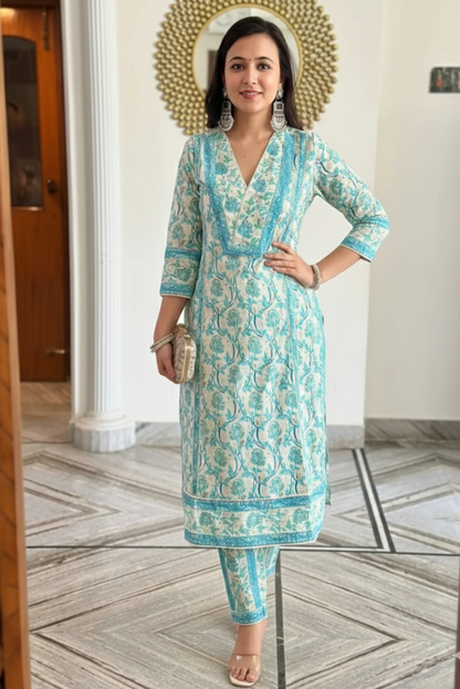 Pearl Work White and Teal Designer Floral Salwar Suit