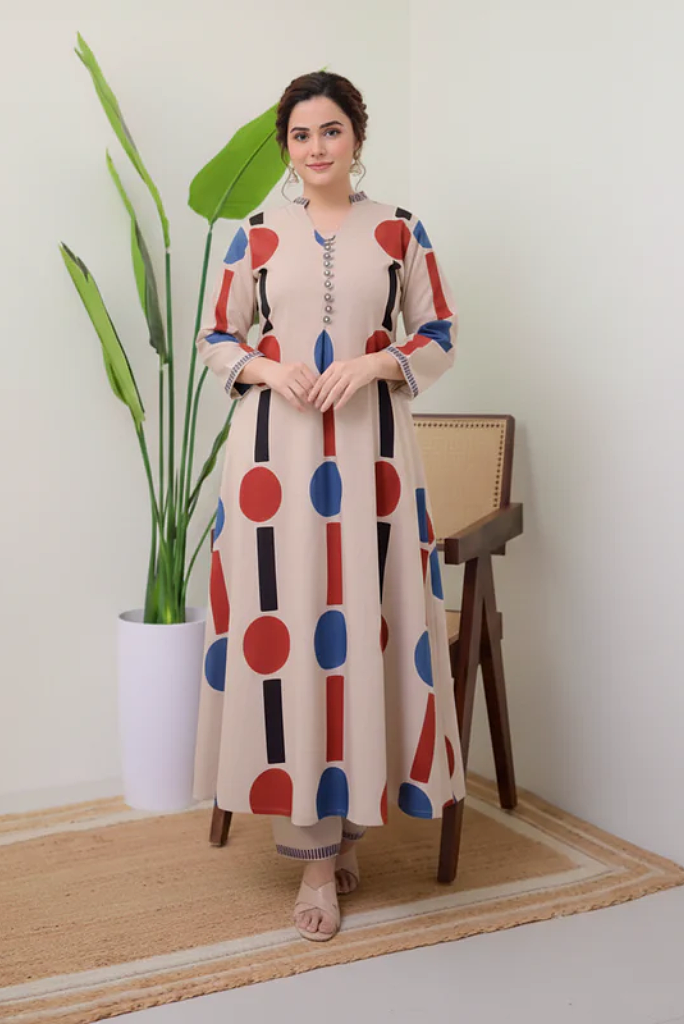 Geometric Print Officewear Flared Kurta Set