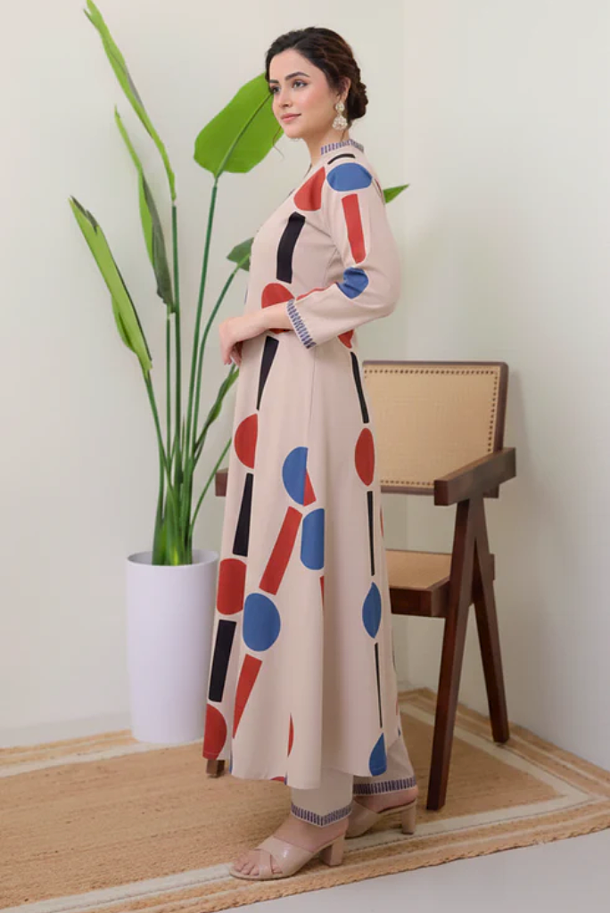 Geometric Print Officewear Flared Kurta Set