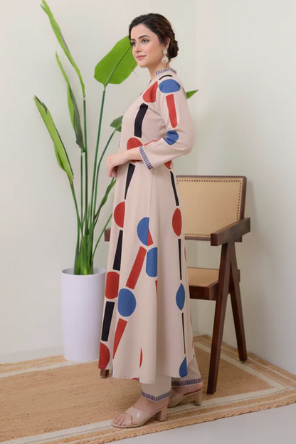 Geometric Print Officewear Flared Kurta Set
