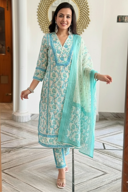 Pearl Work White and Teal Designer Floral Salwar Suit