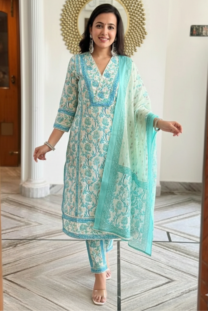 Pearl Work White and Teal Designer Floral Salwar Suit