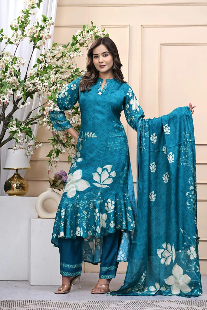 Pure Muslin Teal Designer Frilled 3 Piece Set