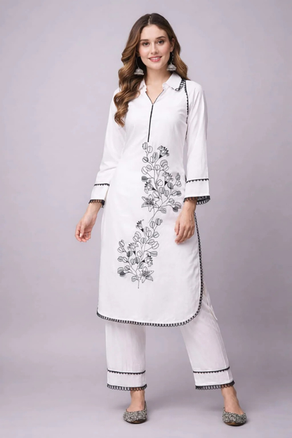 Pakistani Style White Kurta Set with Embroidery and Lacework