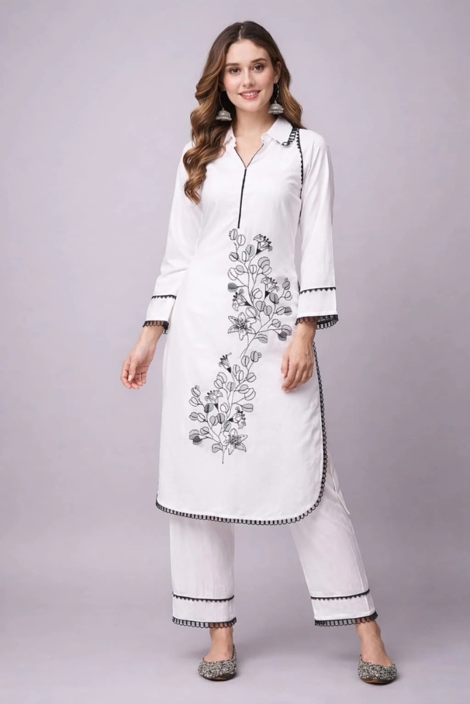 Pakistani Style White Kurta Set with Embroidery and Lacework