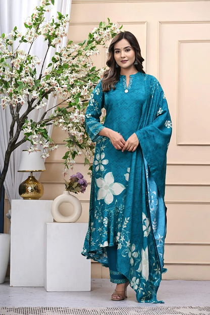 Pure Muslin Teal Designer Frilled 3 Piece Set