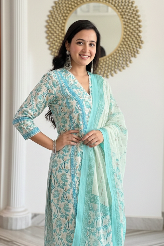 Pearl Work White and Teal Designer Floral Salwar Suit