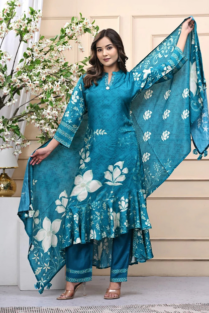 Pure Muslin Teal Designer Frilled 3 Piece Set