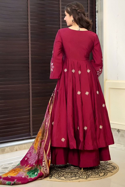 Maroon Embroidered Silk Crepe Festive Anarkali Set