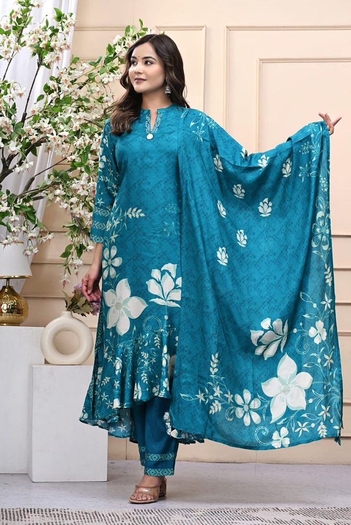 Pure Muslin Teal Designer Frilled 3 Piece Set