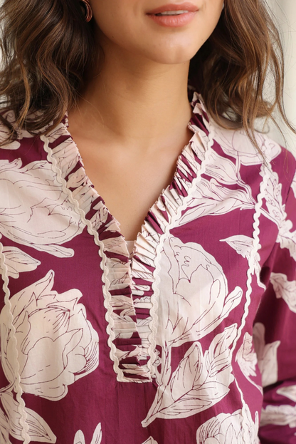 Floral Cotton Flared Plum Coord Set with Frills