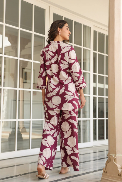 Floral Cotton Flared Plum Coord Set with Frills