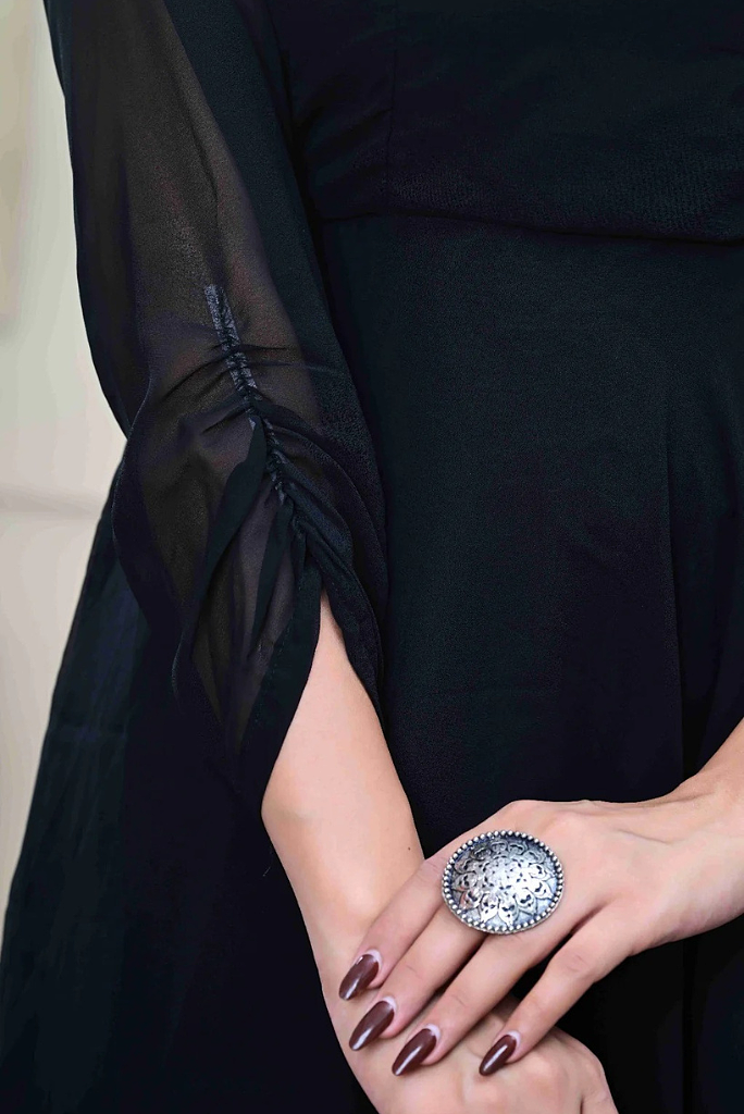 Black Georgette Anarkali Set with Embroidered Shawl