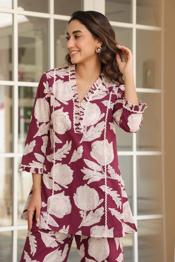 Floral Cotton Flared Plum Coord Set with Frills