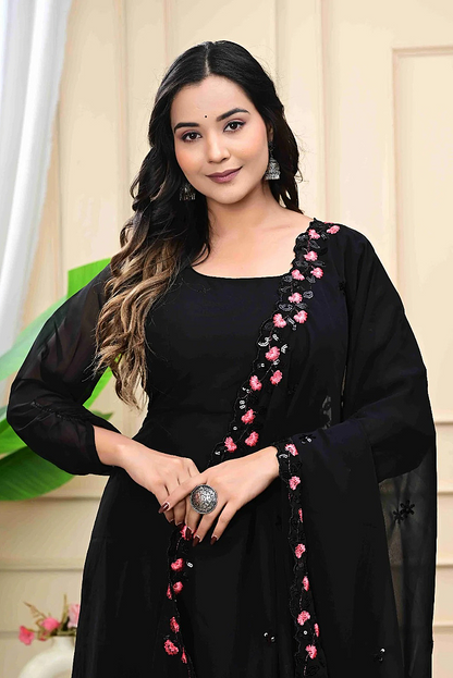 Black Georgette Anarkali Set with Embroidered Shawl