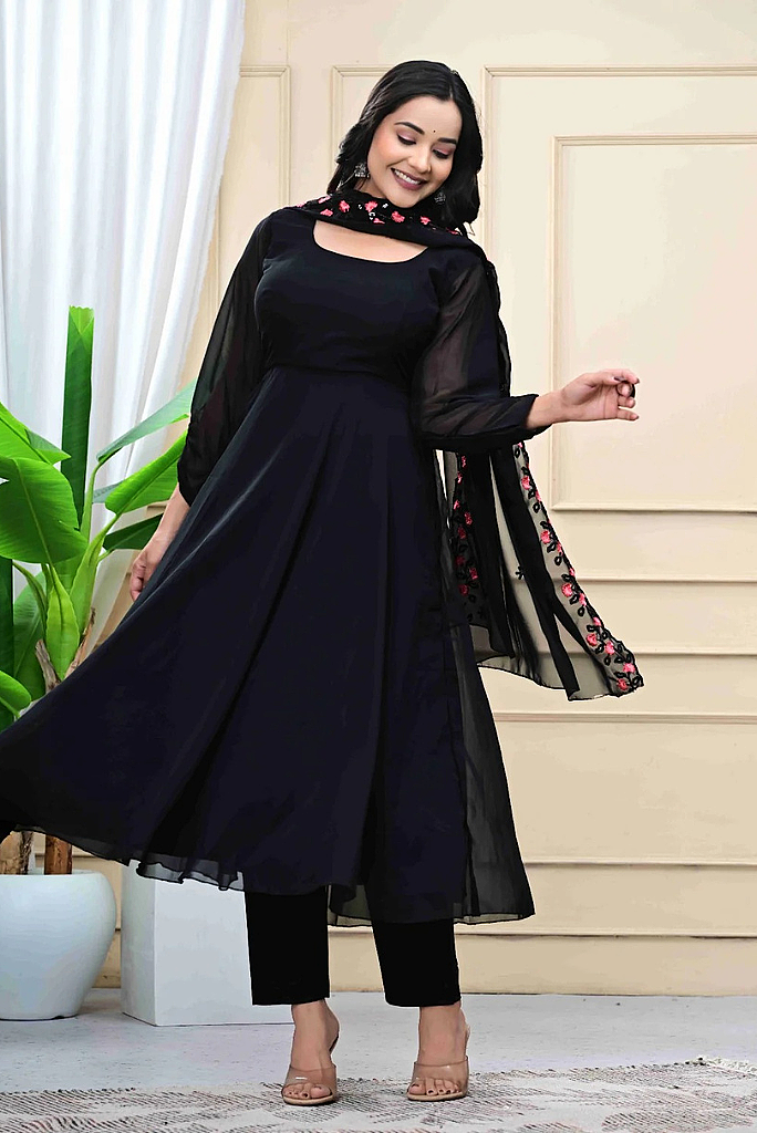 Black Georgette Anarkali Set with Embroidered Shawl