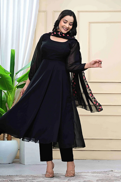 Black Georgette Anarkali Set with Embroidered Shawl
