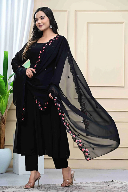 Black Georgette Anarkali Set with Embroidered Shawl