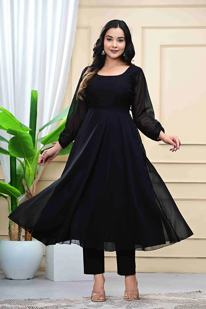 Black Georgette Anarkali Set with Embroidered Shawl