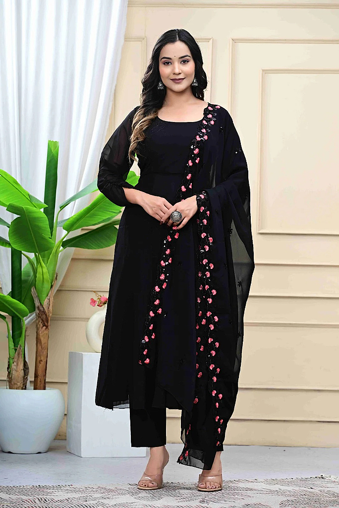 Black Georgette Anarkali Set with Embroidered Shawl