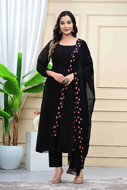 Black Georgette Anarkali Set with Embroidered Shawl