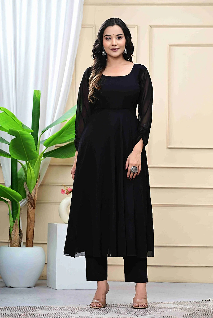 Black Georgette Anarkali Set with Embroidered Shawl