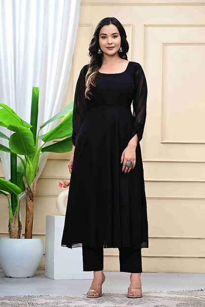Black Georgette Anarkali Set with Embroidered Shawl