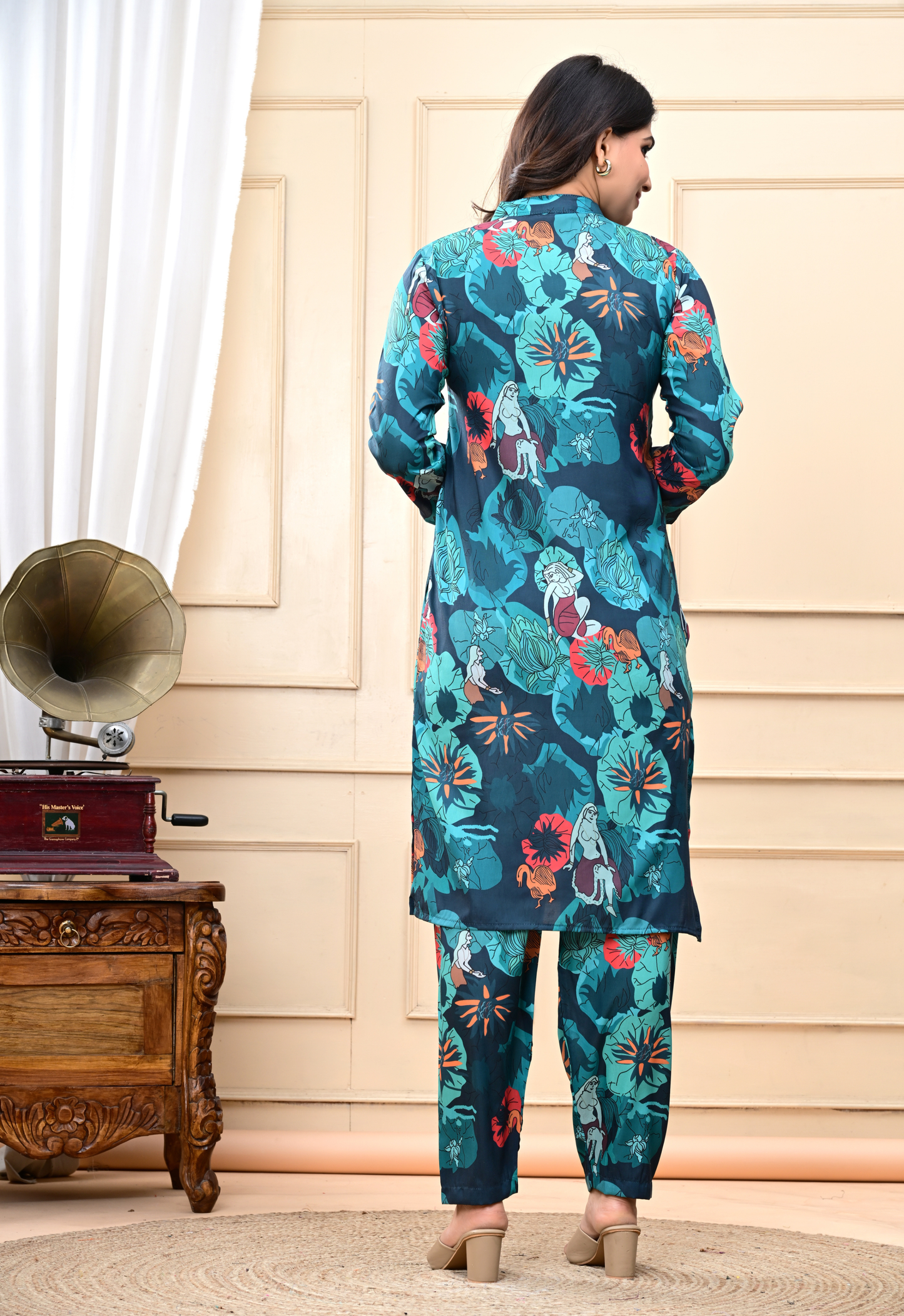 Animal and Floral Print Crepe Blue Kurta Set