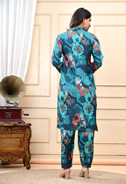 Animal and Floral Print Crepe Blue Kurta Set