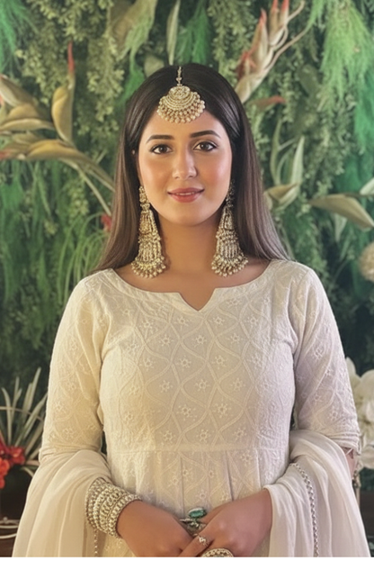 Sequence Embossed Chikankari Beige Anarkali Set