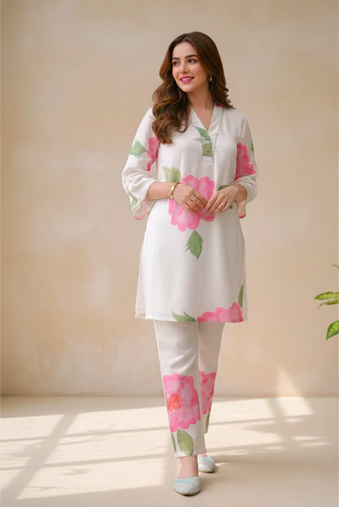 Floral Crepe White Coord Set
