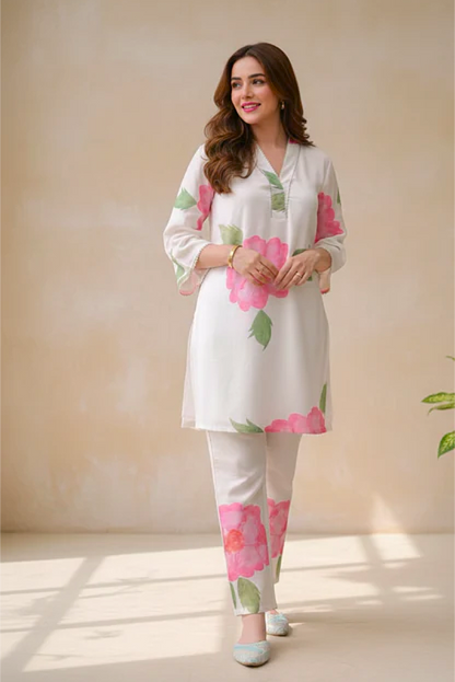 Floral Crepe White Coord Set