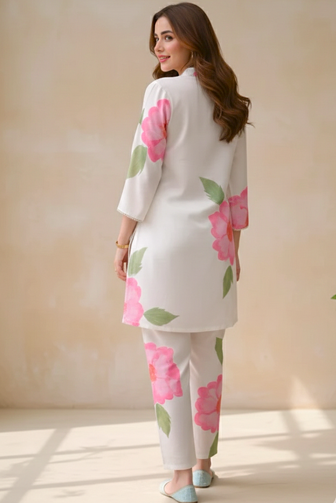 Floral Crepe White Coord Set