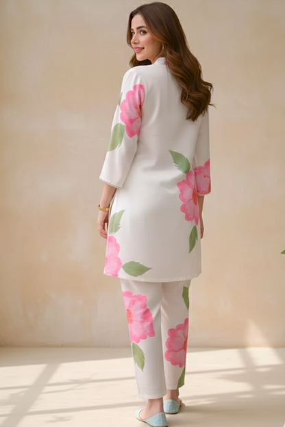 Floral Crepe White Coord Set