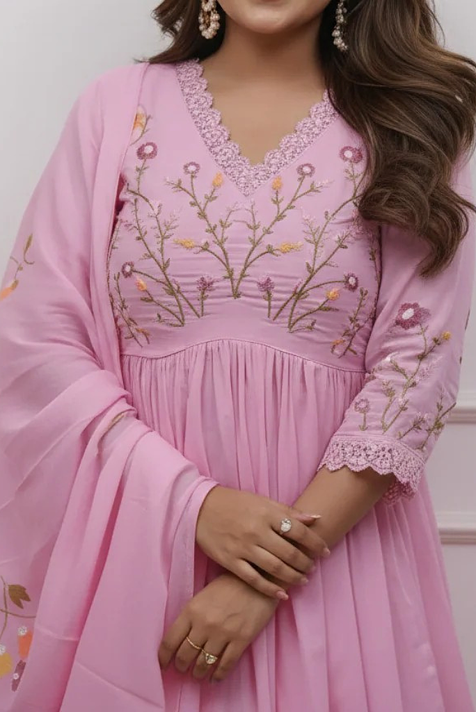 Cotton Pink Flared Anarkali Three Piece Dress