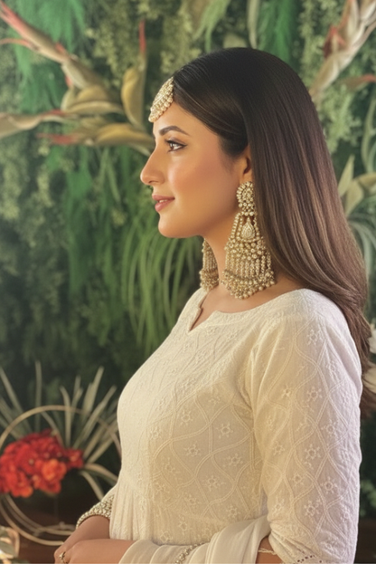 Sequence Embossed Chikankari Beige Anarkali Set