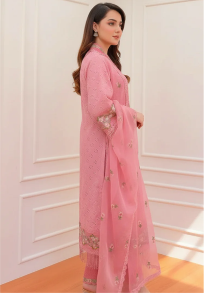 Cotton Schiffli Pink Embroidered Salwar Set